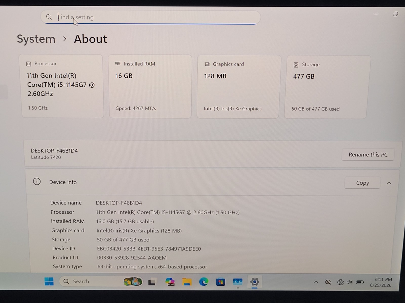 Dell Latitude 7420 14″ Laptop i5-1145G7 2.6GHz 16GB DDR4 512GB NVMe W11P TOUCH