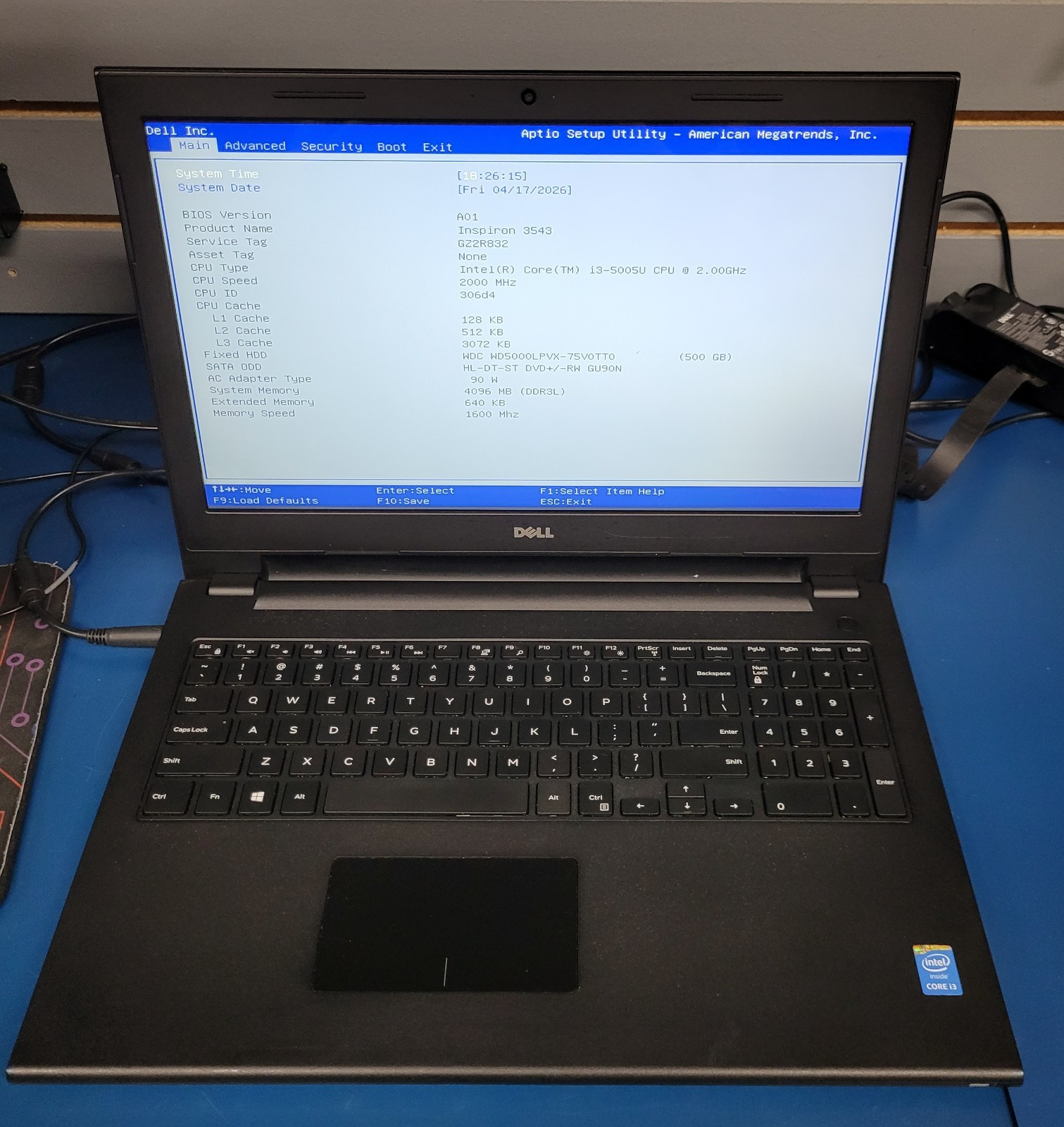 DelL Inspiron 3543/Intel i3-5005u @2.0 GHz/4 GB RAM /500 GB HDD Window 10