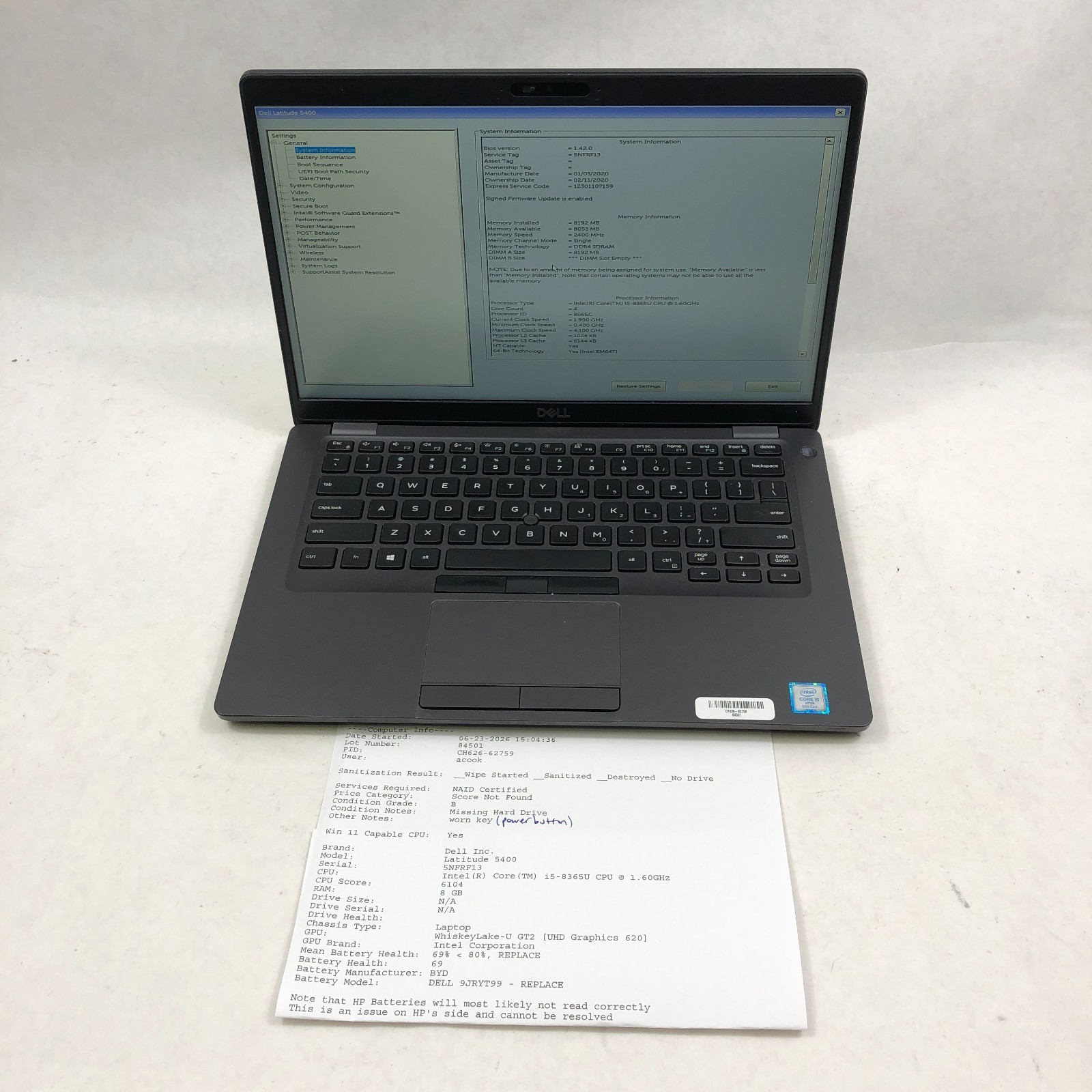 Lot of 8 Dell Latitude 5400 Laptop i5-8265U 1.6GHz 8GB NO SSD 14″ No OS Read
