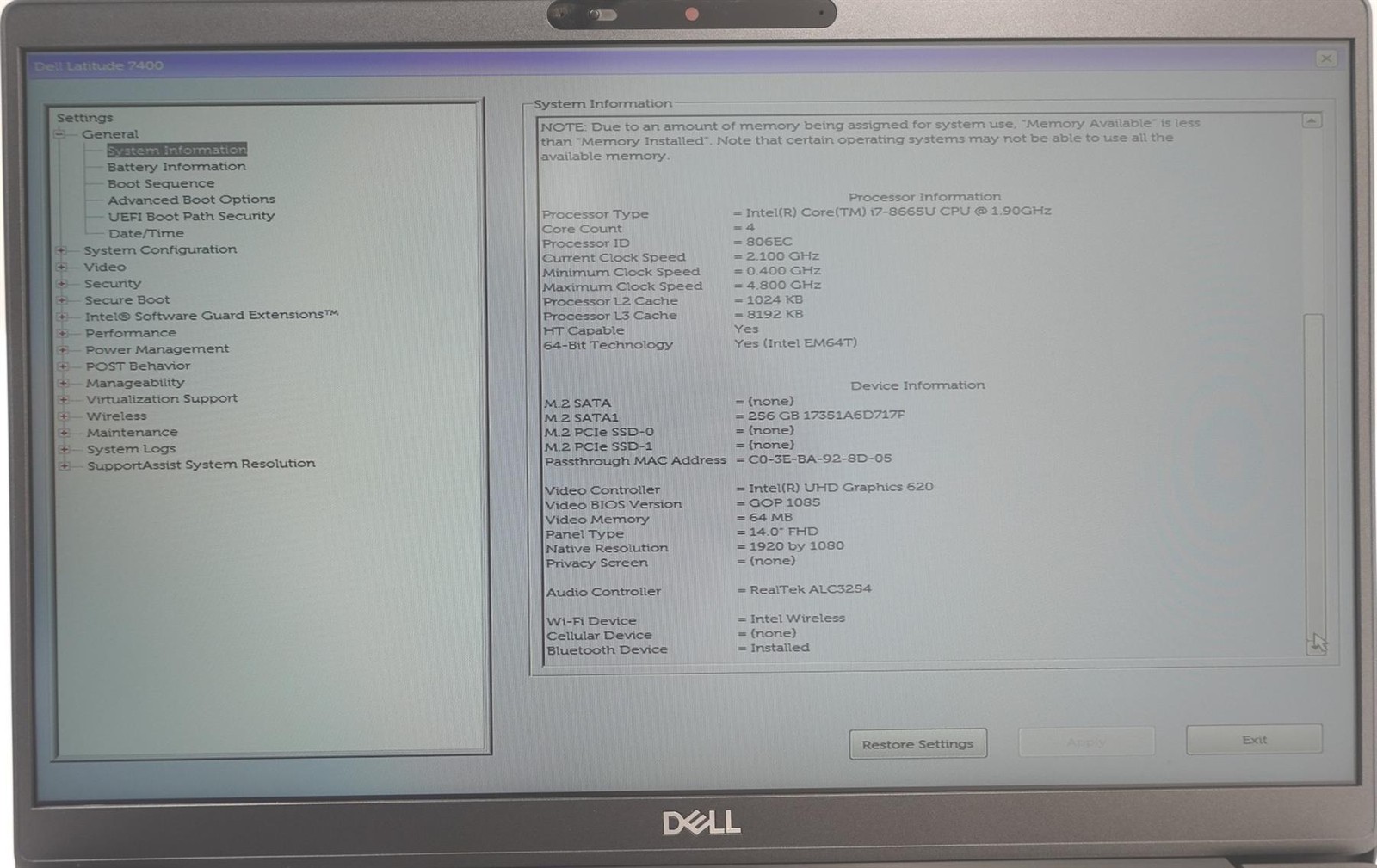 Dell Latitude 7400 14″ Core I7-8665U 1.90GHz 16GB 256GB SSD Laptop
