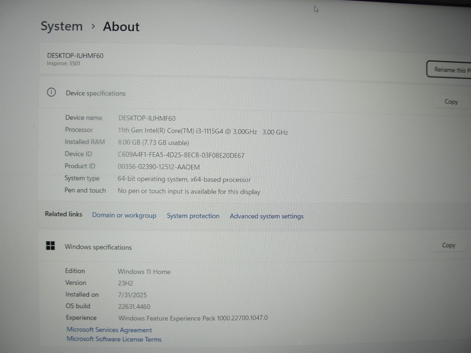 Dell Inspiron 3501 15.6”FHD Core i3-1115G4 3GHz 8GB SSD Reset 128GB+Charger