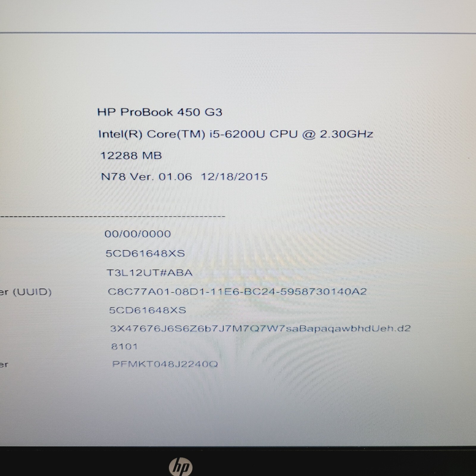 HP ProBook 450 G3 Core i5 6200U 2.3GHz 12GB RAM No HDD 15.6″ – ***BOOT TO BIOS