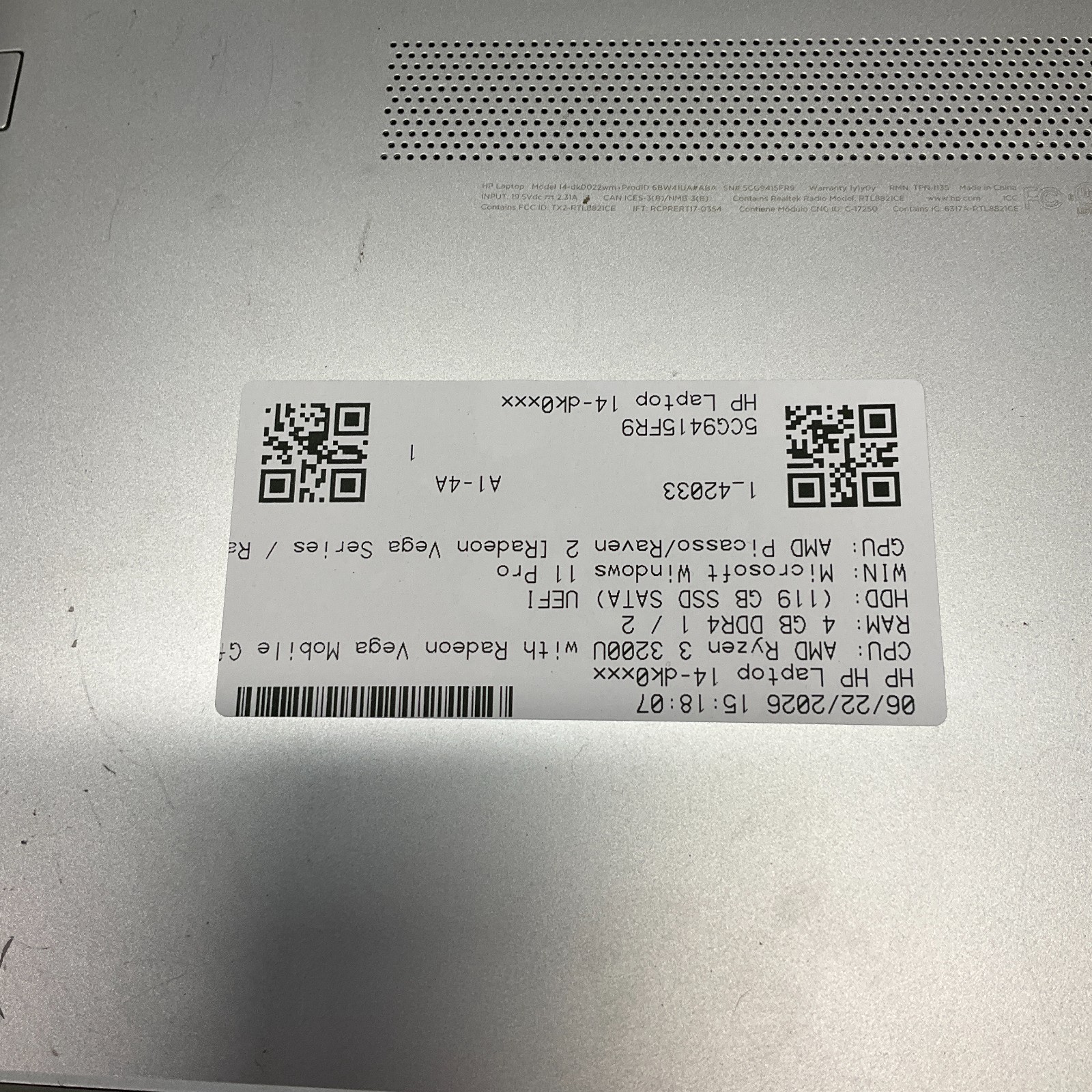 HP Laptop 14-dk0022wm Laptop AMD Ryzen 3 3200U 4GB 128GB SSD Windows 11 Pro