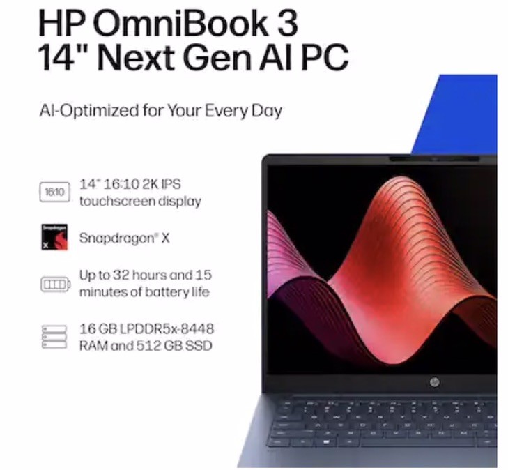 HP – OmniBook 3 – 14″ 2K Touchscreen Laptop – Snapdragon X – 16GB RAM, 512GB SSD