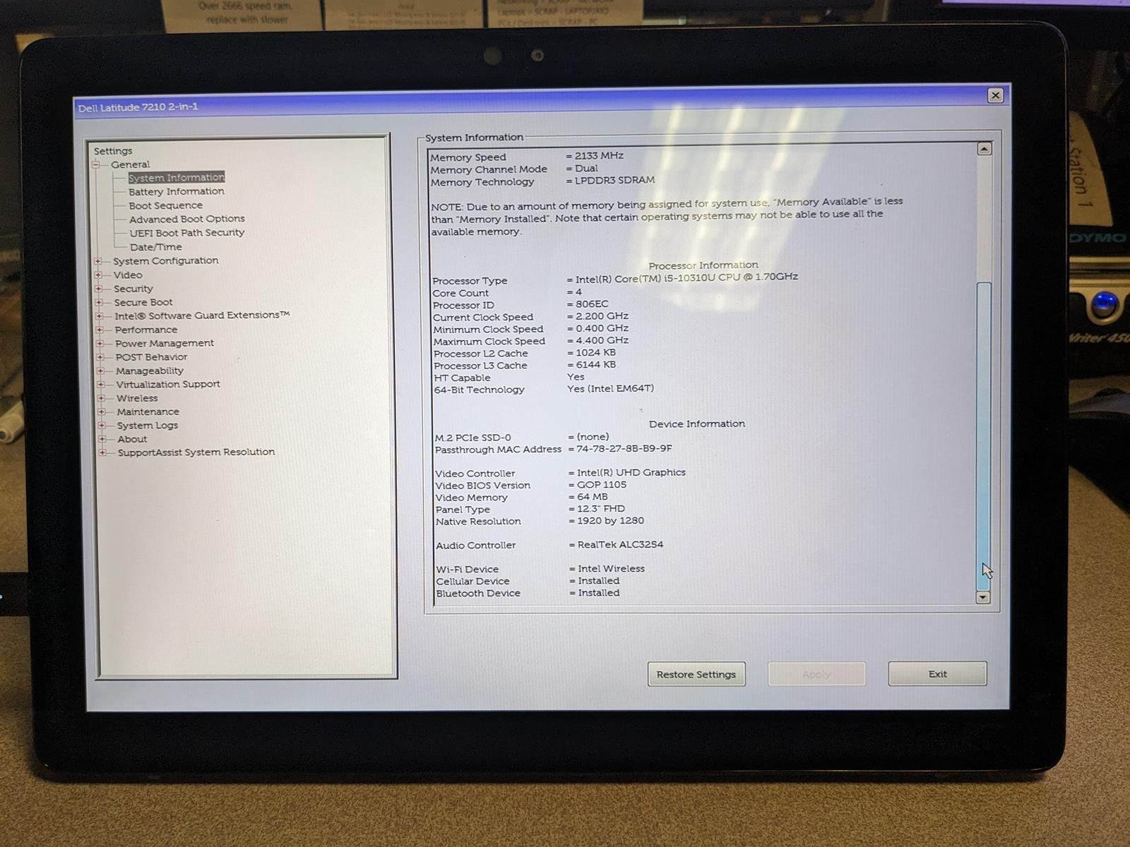 DELL LATITUDE 7210 2-IN-1 i5-10310U @ 1.70GHz, 8GB RAM, NO HDD/OS