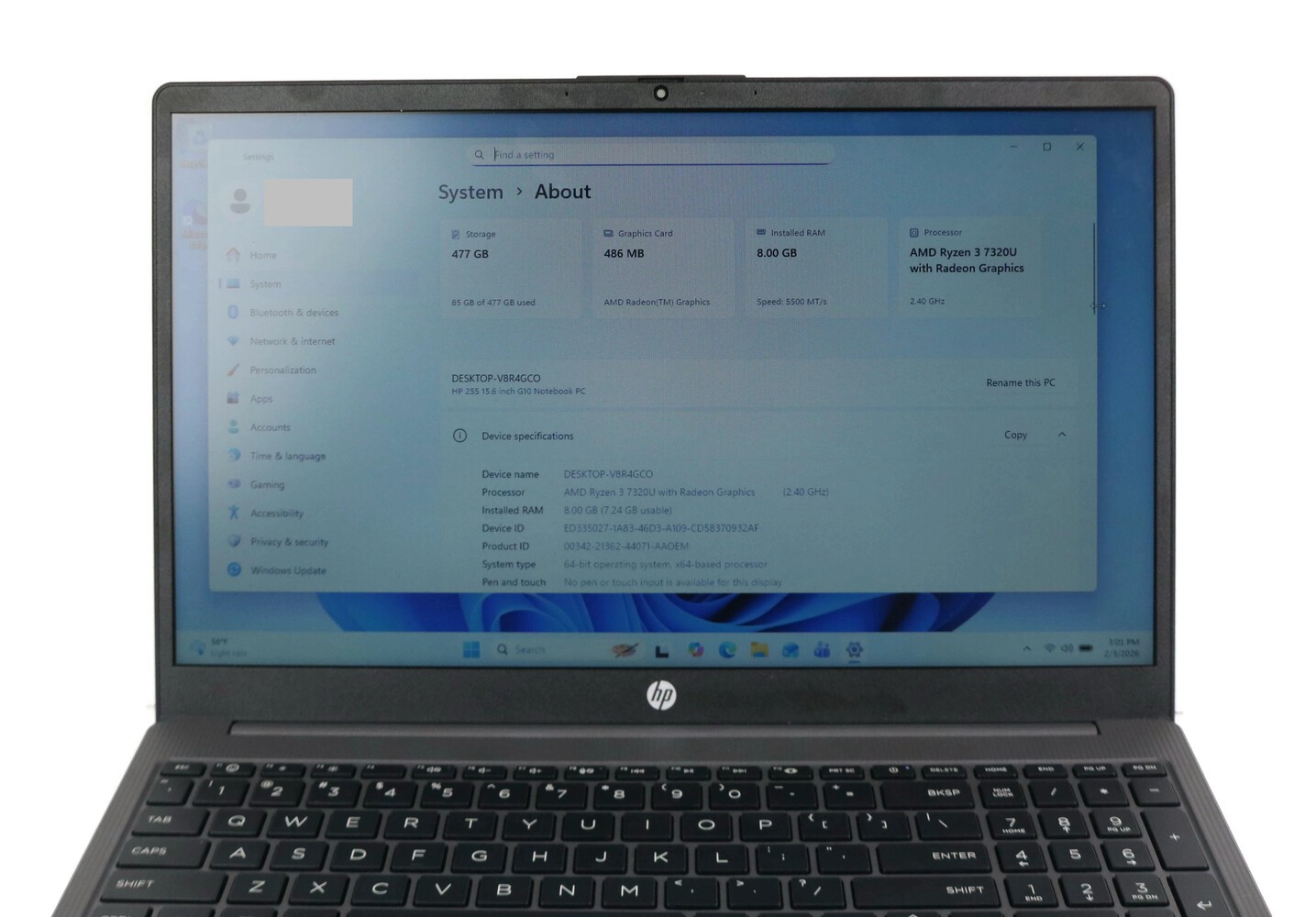 HP 255 G10 15.6″ Laptop – 512gb SSD, 8gb Ram, AMD Ryzen 2.40GHz, Win11