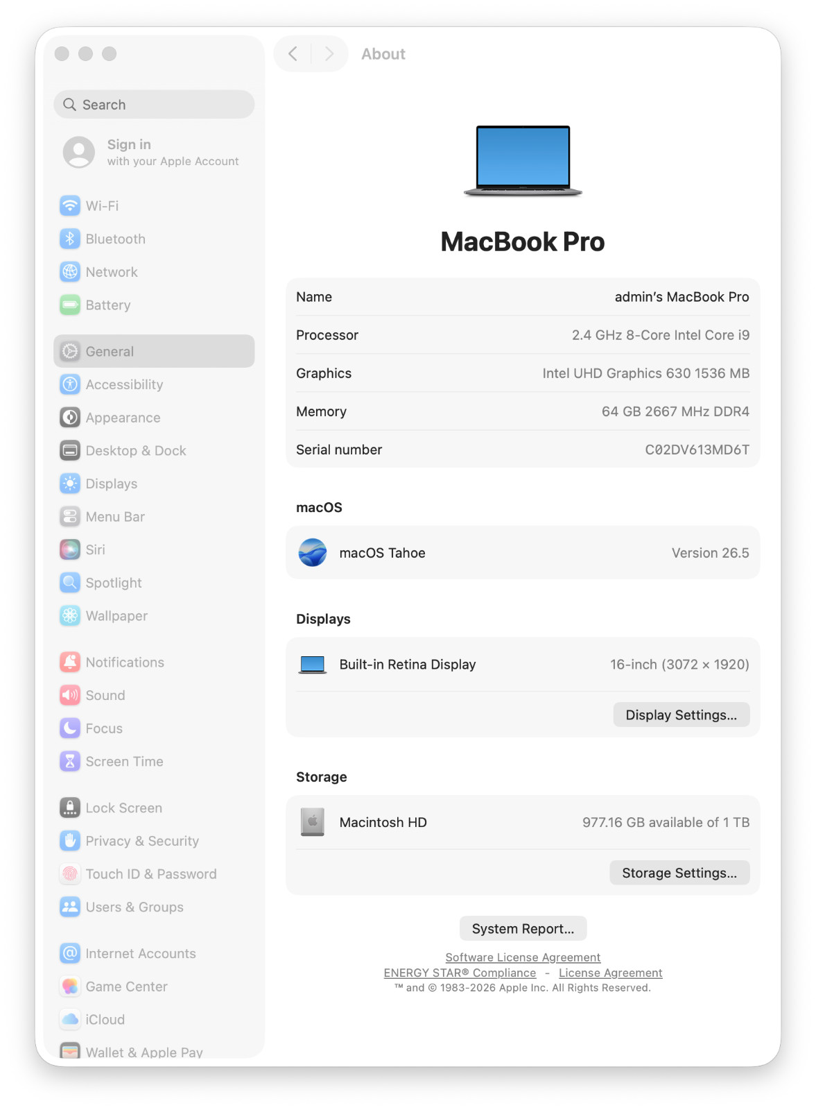 Apple MacBook Pro A2141 16″ Radeon 5500M 2.4GHz Intel Core i9-9980HK 64GB 1TB