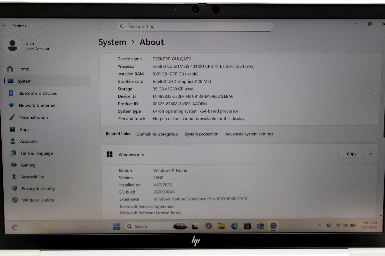 HP EliteBook 830 G7 _ i5-10310U @ 1.7 _ 8GB RAM _ 256GB SSD _ Win11H