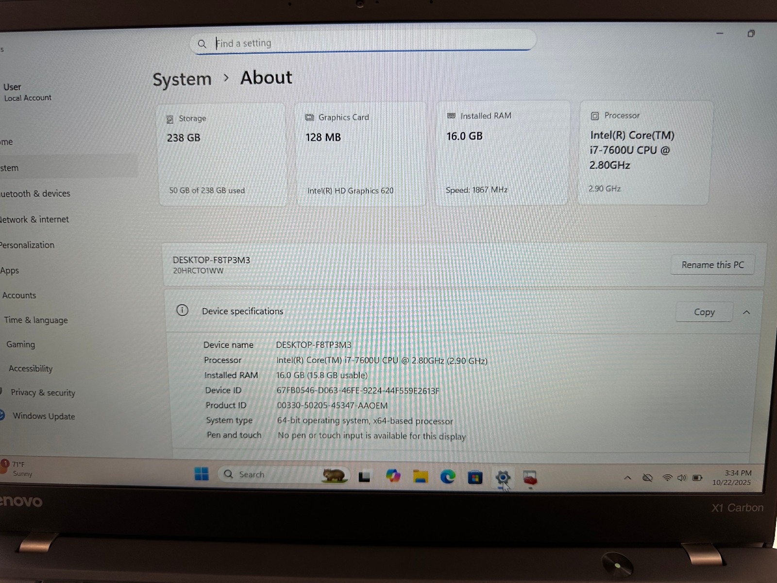 Lenovo 20HRCTO1WW ThinkPad X1 Carbon 5th Gen i7-7600U 16GB 256GB Windows 11 Pro