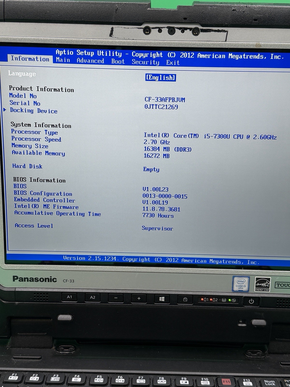 Panasonic Toughbook CF-33 12″ Touch i5-7300U 2.60GHz 16GB RAM NO DRIVE W/battery