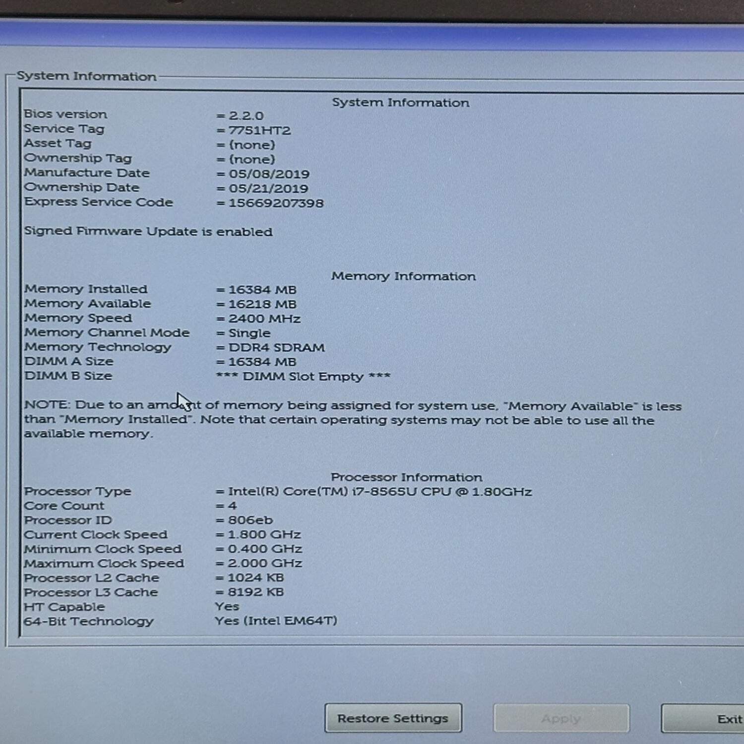 Dell Vostro P92G001 14″ i7-8565U 1.8GHz 16GB RAM (NO SSD)
