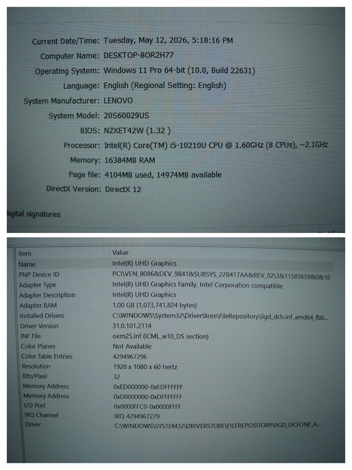 Lenovo ThinkPad T15 Gen 1 15.6″FHD Core i5-10210U 1.60GHZ 16GB 256GB Win 11 Pro