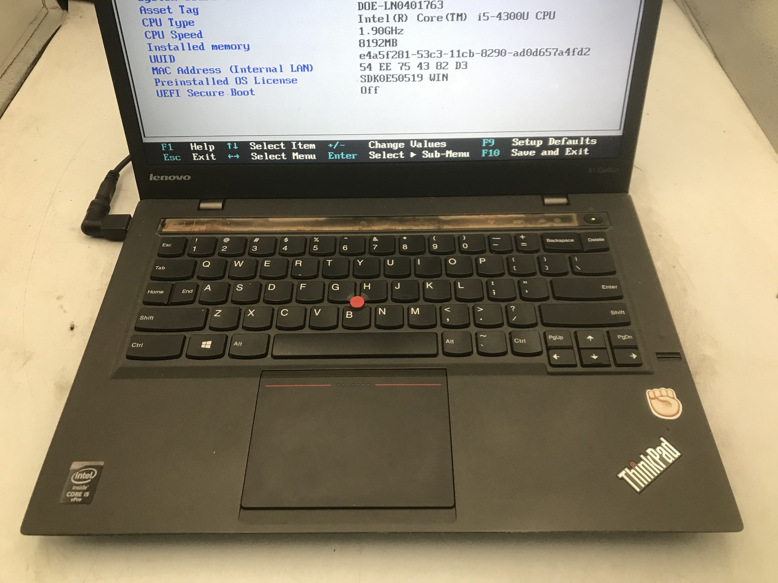 LENOVO THINKPAD X1 CARBON – BOOTS TO BIOS – INTEL I5-4300U – 8GB RAM – READ – BB