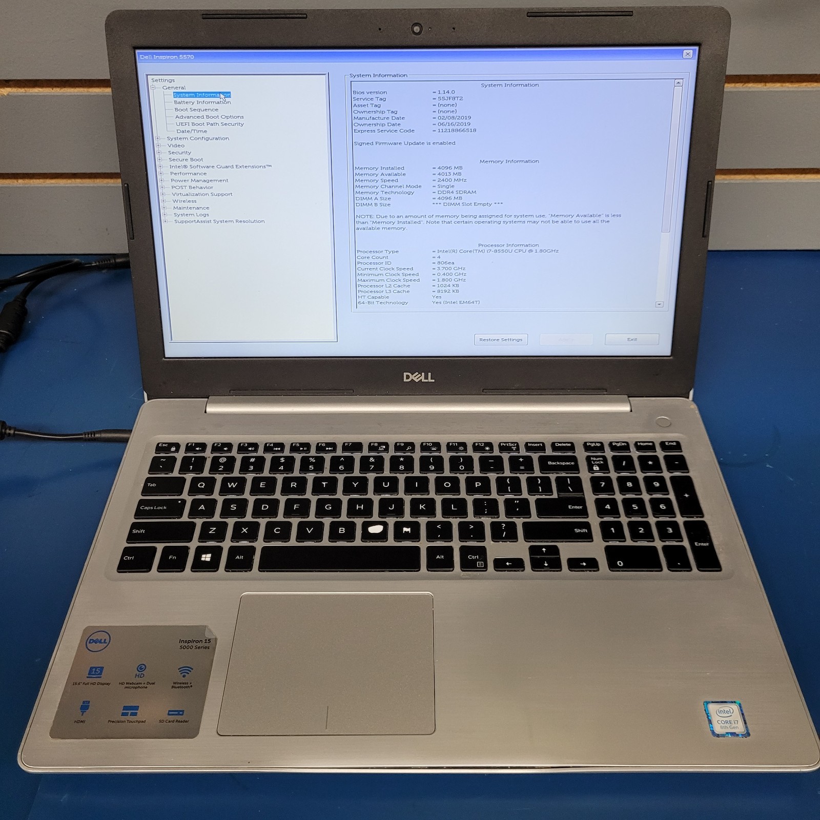 Dell Inspiron 15 5570 15.6″ Core i7-8550u @1.80GHz / 4 GB RAM – NO HDD