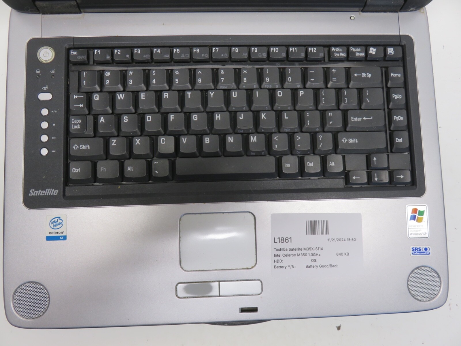 Toshiba Satellite M35X-S114 Intel Celeron M350 1.3GHz 640 KB NO HDD No Batt