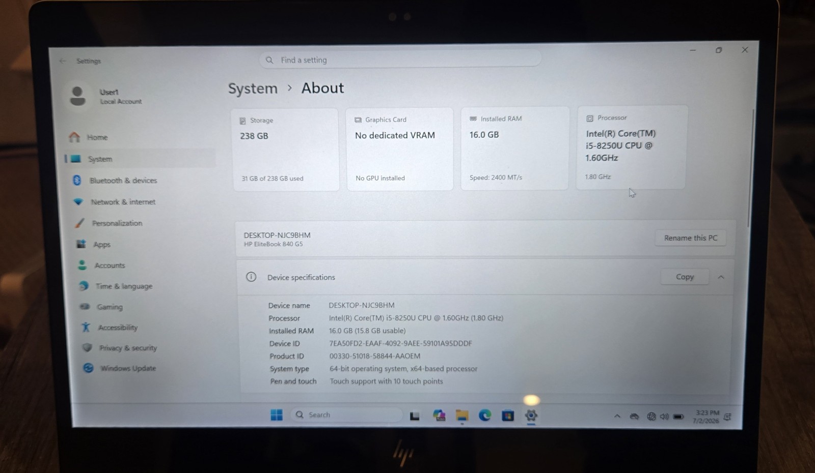 HP Elitebook 840G5 I5-8350U 256GB NvME SSD 16GB DDR4 Win11Pro (NO AC)