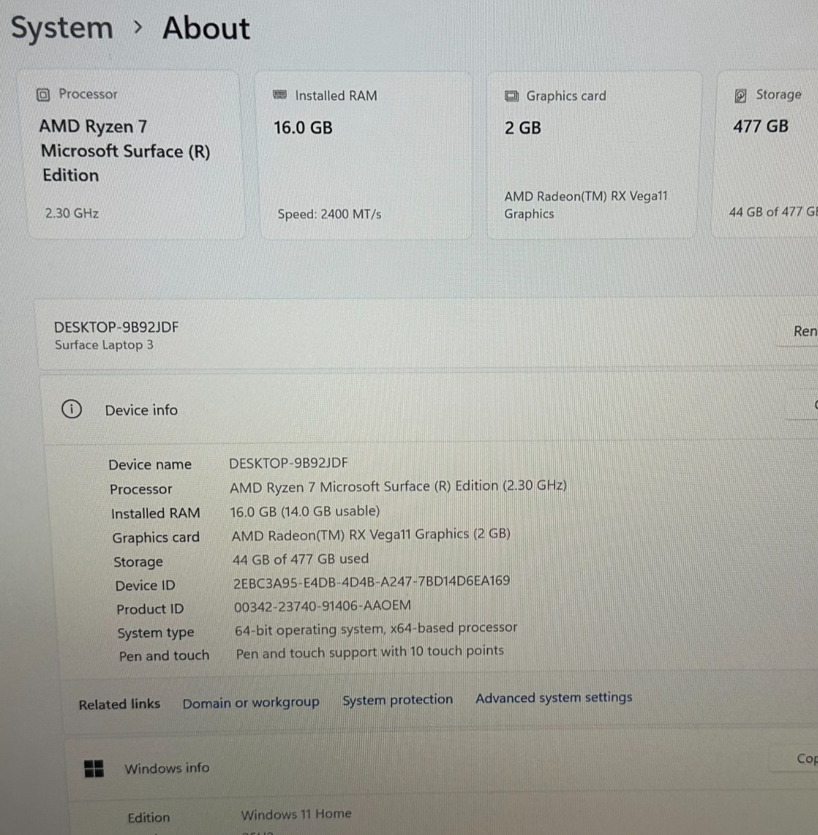 MICROSOFT SURFACE 3 LAPTOP CORE AMD RYZEN 7 @ 2.30GHZ 16GB RAM 512GB SSD (lp727)