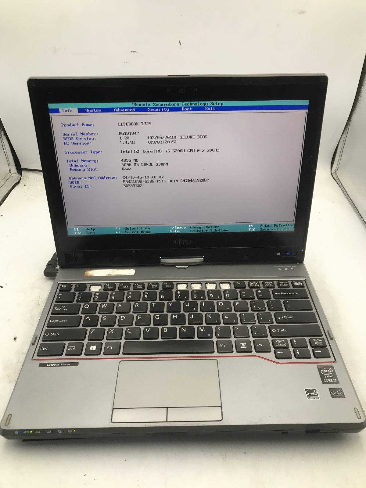 FUJITSU LIFEBOOK T725 – BOOTS TO BIOS – INTEL I5 5200U – 4GB RAM – READ DESC -BB