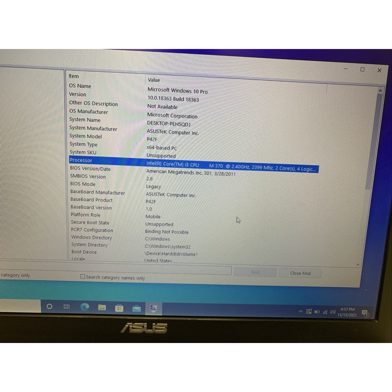 ASUS P42F Core i3 M370 2.40ghz 4GB Ram 320GB HHD WIND 10 Pro
