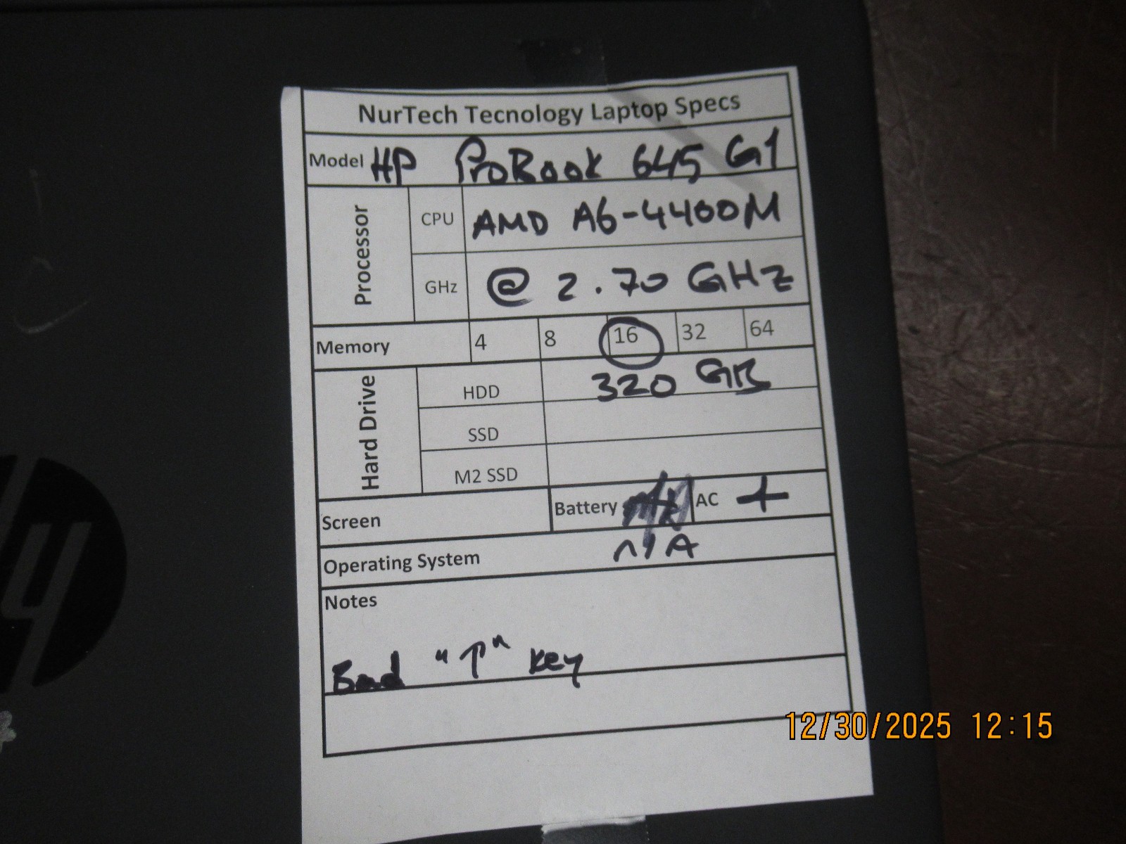 HP Probook 645 G1 AMD A6-4400M 2.70GHz 16GB RAM 320GB Laptop +AC [NO BATTERY/OS