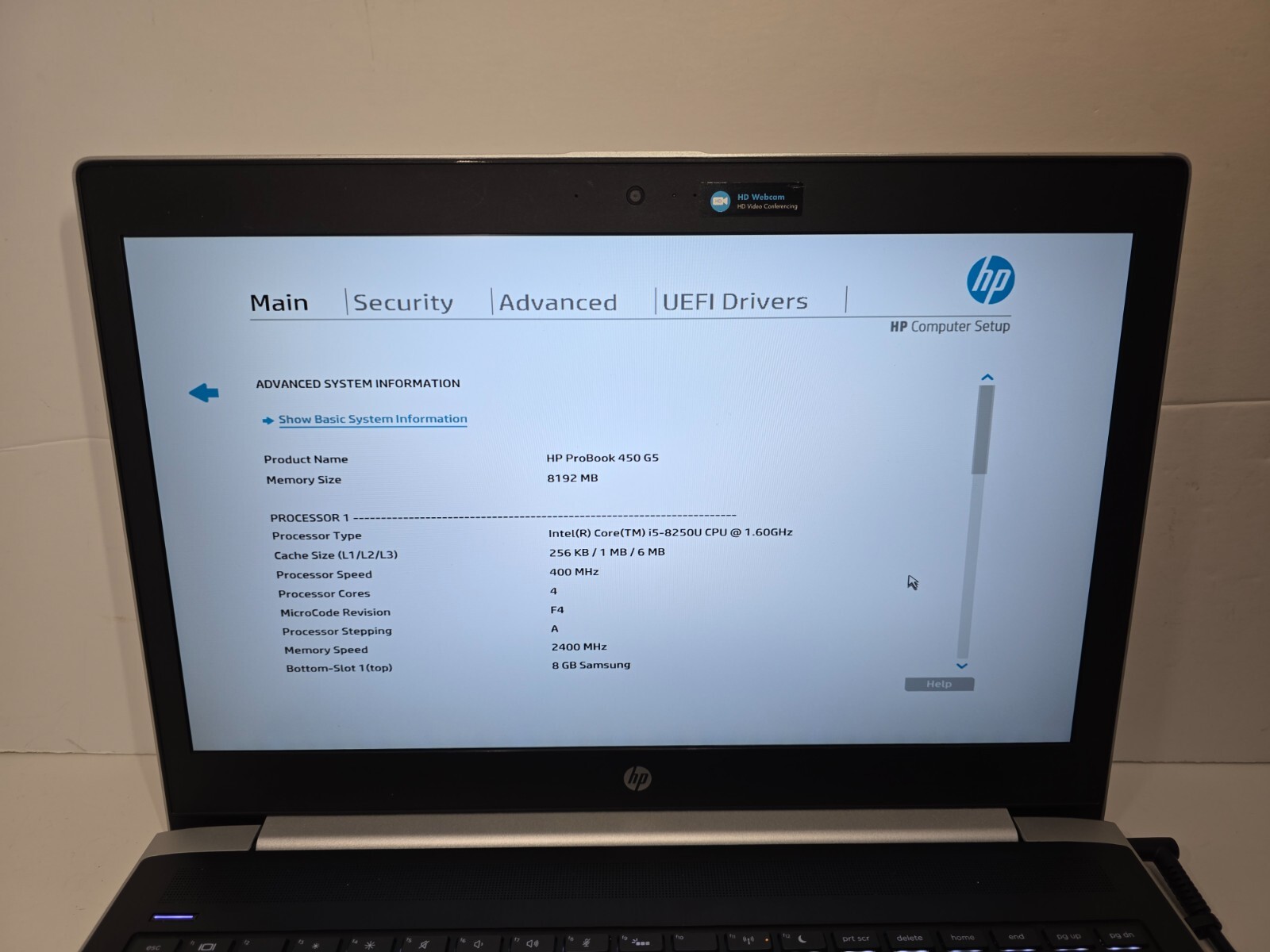 HP ProBook 450 G5 15.6″ / i5-8250U 1.60GHz / 8GB RAM DDR4 / NO SSD / NO CHARGER