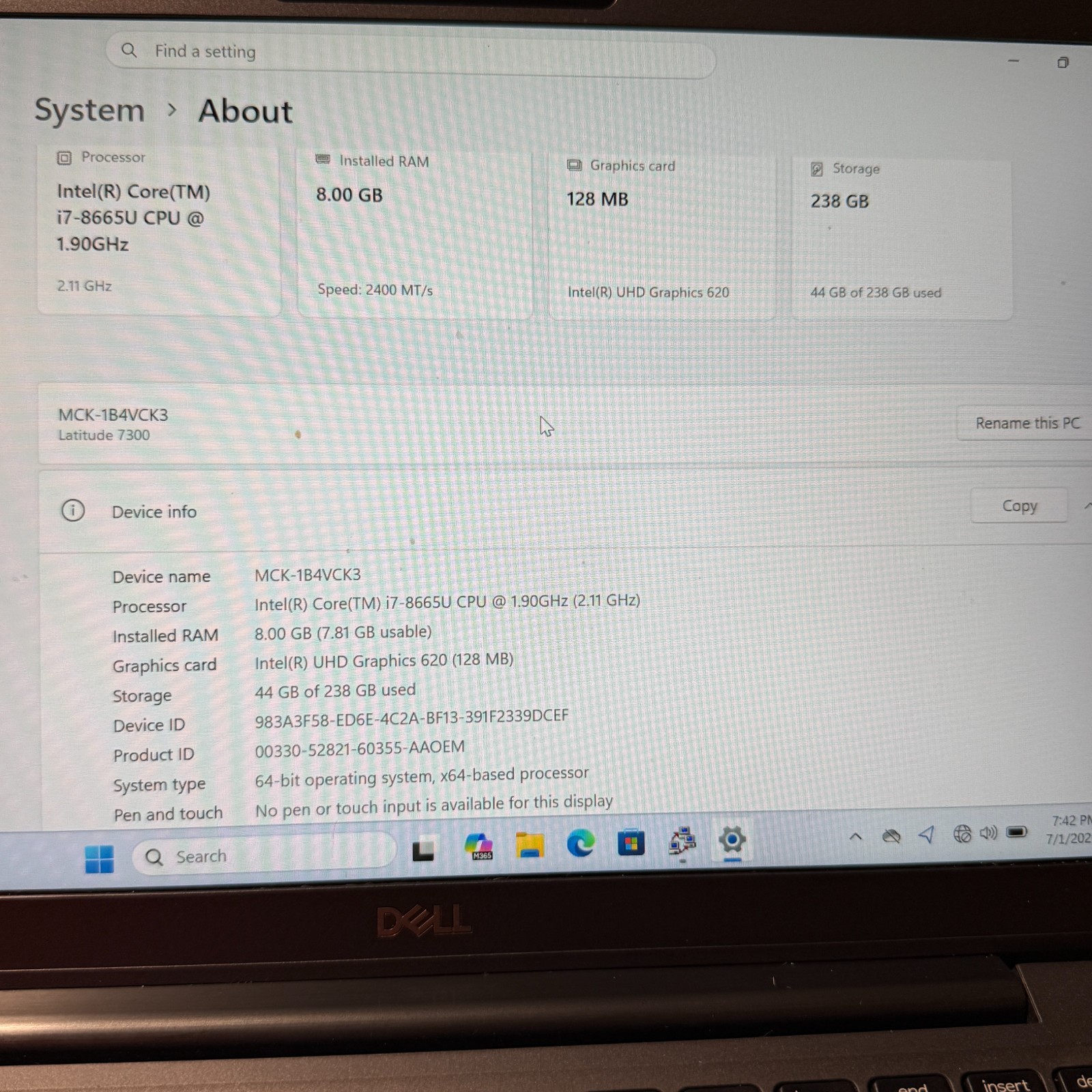 Dell Latitude 7300 13.3″ i7-8665U 8GB 256GB SSD Win11 Pro Laptop FHD Webcam