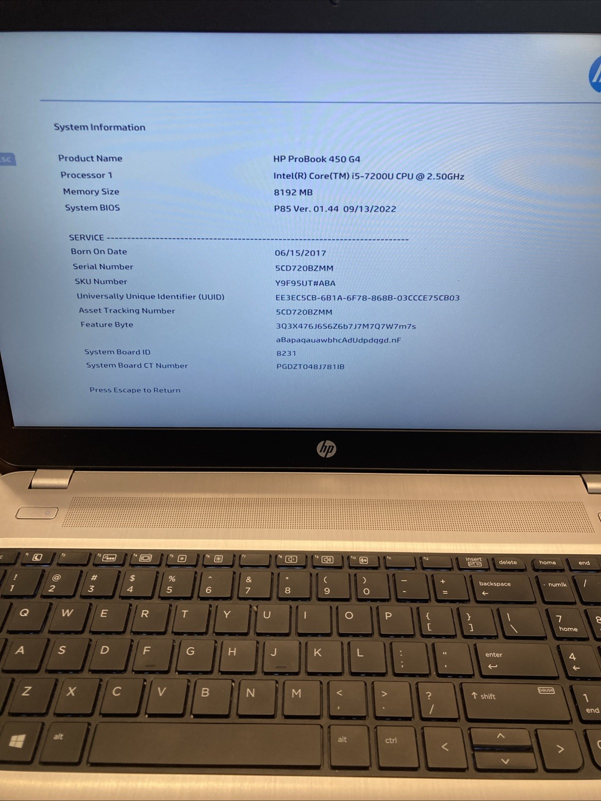 HP ProBook 450 G4 i5-7200U 2.5GHz No Drive No RAM 15.6in READ