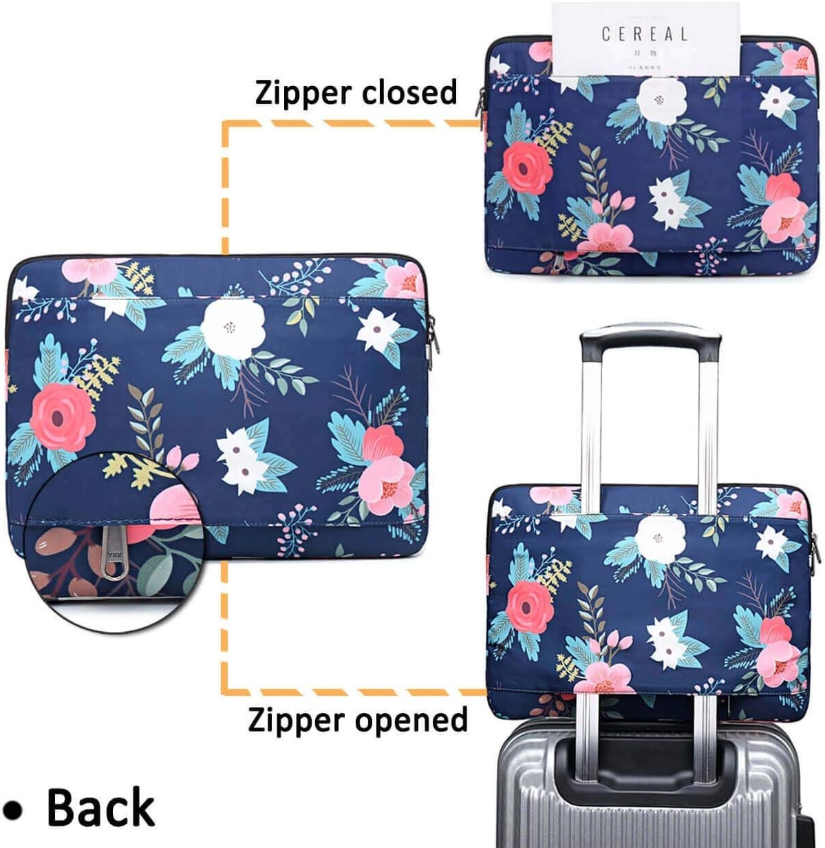 Navy Flower Laptop Sleeve Case for 15-16 inch MacBook Pro, HP, Dell, Lenovo, Ace