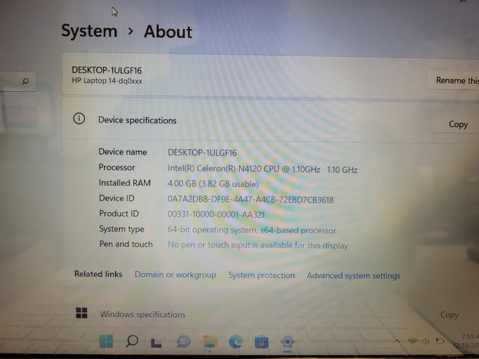 Hp laptop 14-dq0052dx celeron N4120 1.1ghz 4gb ram 62gb eMMc charger 5CD4208H4Z