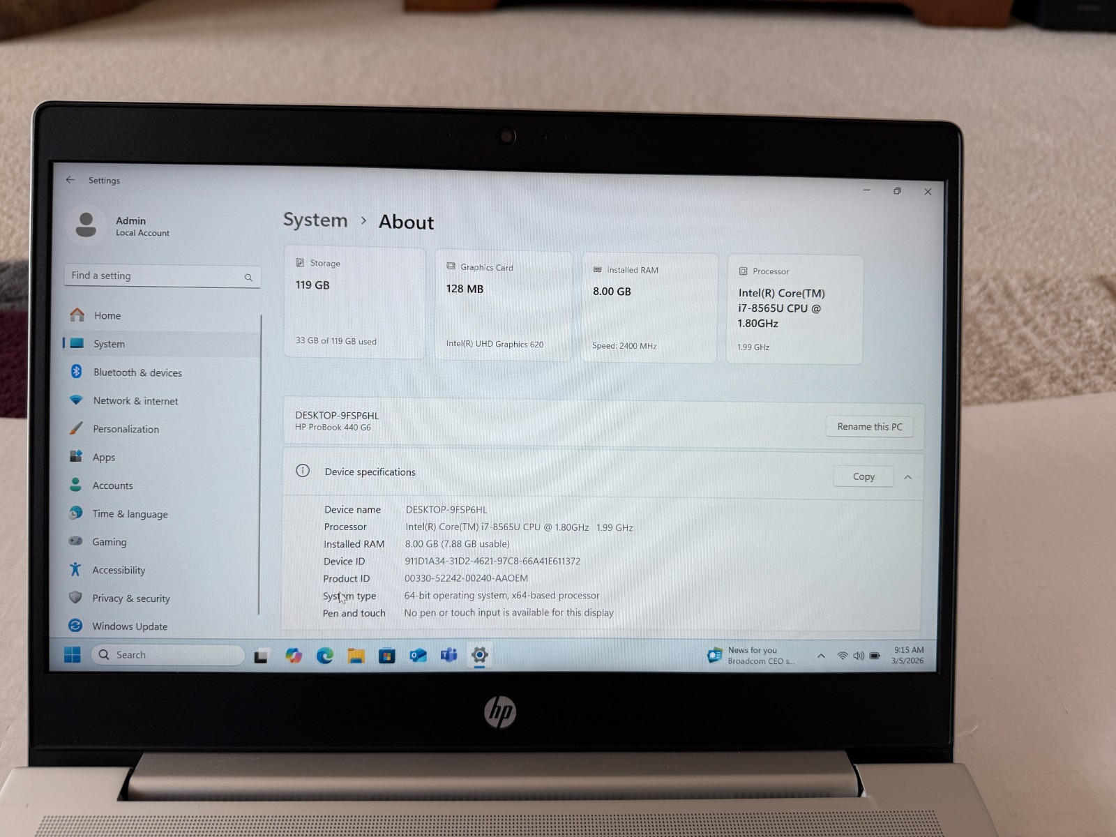 HP ProBook 440 G6 laptop Intel Core I7-8565U 1.80GHz, 8GB RAM 128 GB SSD