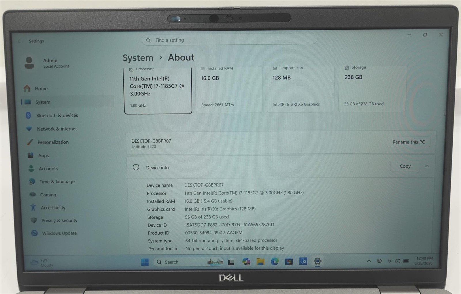 Dell Latitude 5420 14″ Core I7-1185G7 3.00GHz 16GB 256GB SSD Laptop