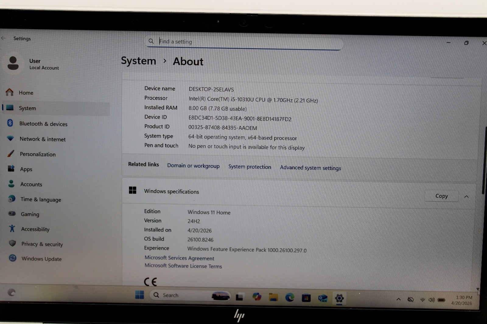 HP EliteBook 830 G7 _ i5-10310U @ 1.7 _ 8GB RAM _ 256GB SSD _ Win11H