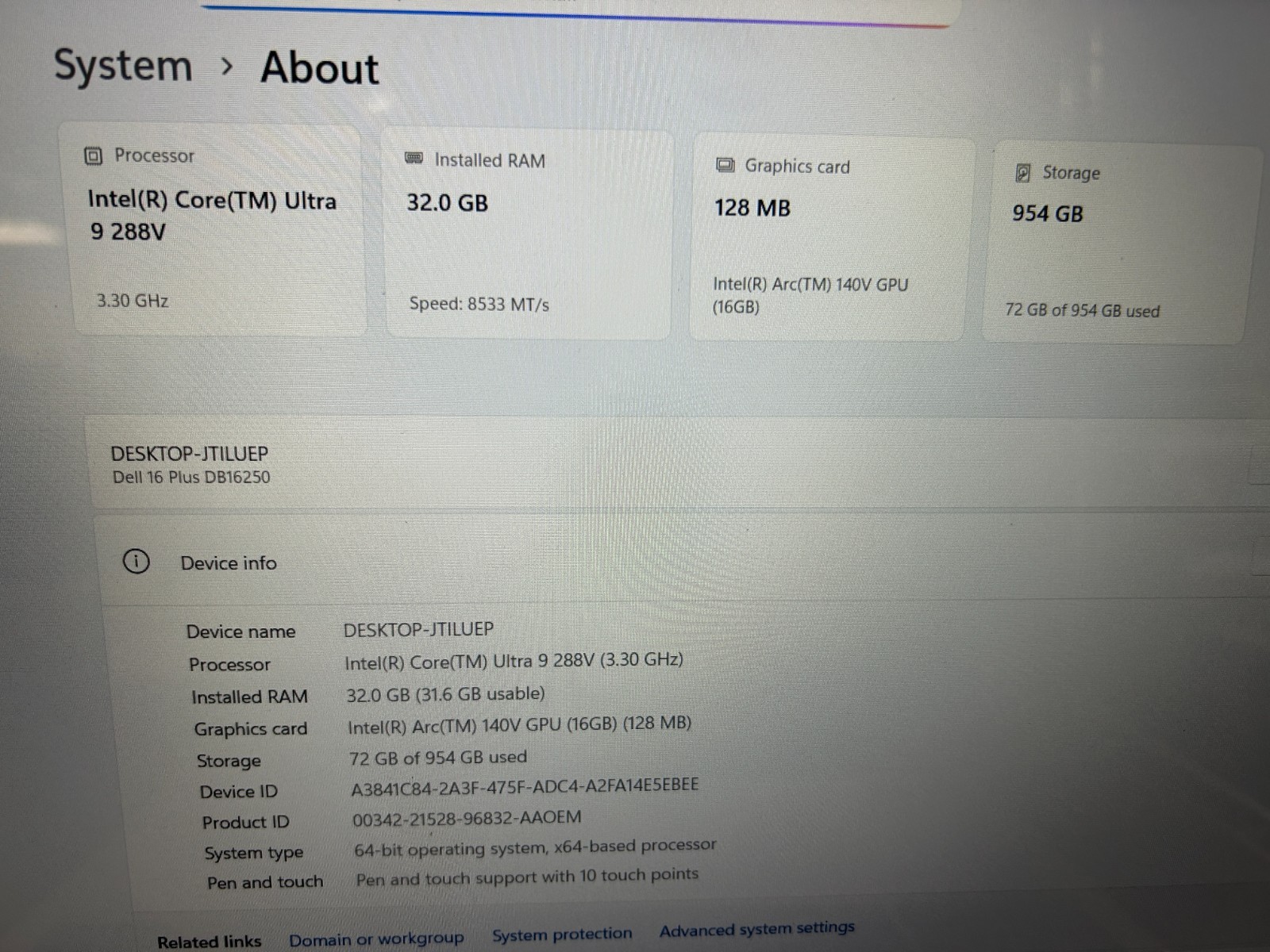 DELL 16 DB16250 VPVXG, Intel Core Ultra 9 288V, 3.30 GHz, 32 GB RAM, 1 TB NVMe