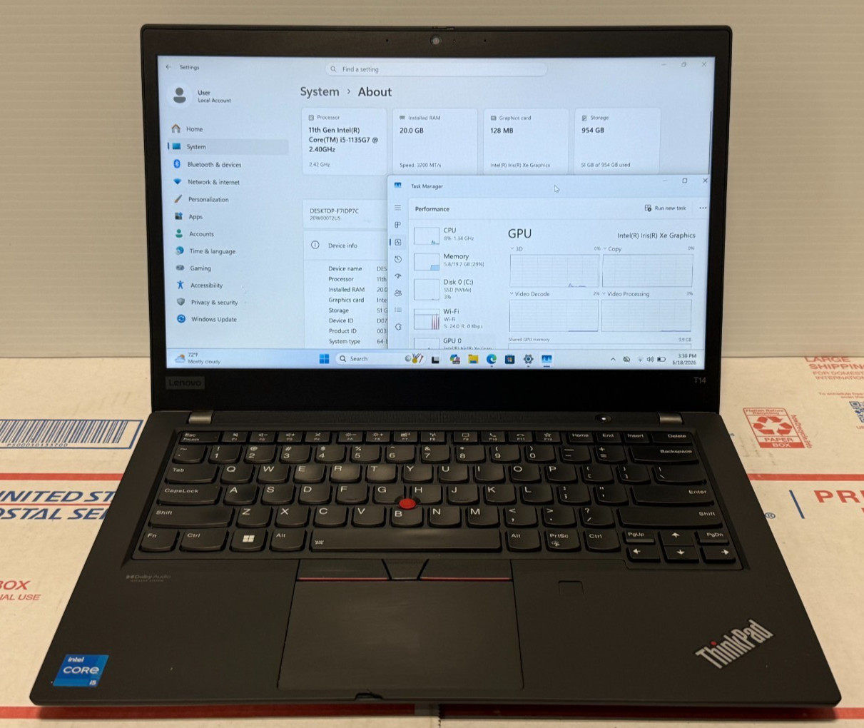 Lenovo Thinkpad T14 Gen2 i5-1135G7 2.40Ghz 20GB M2-1TBSSD 20W000T2US W 11 Pro