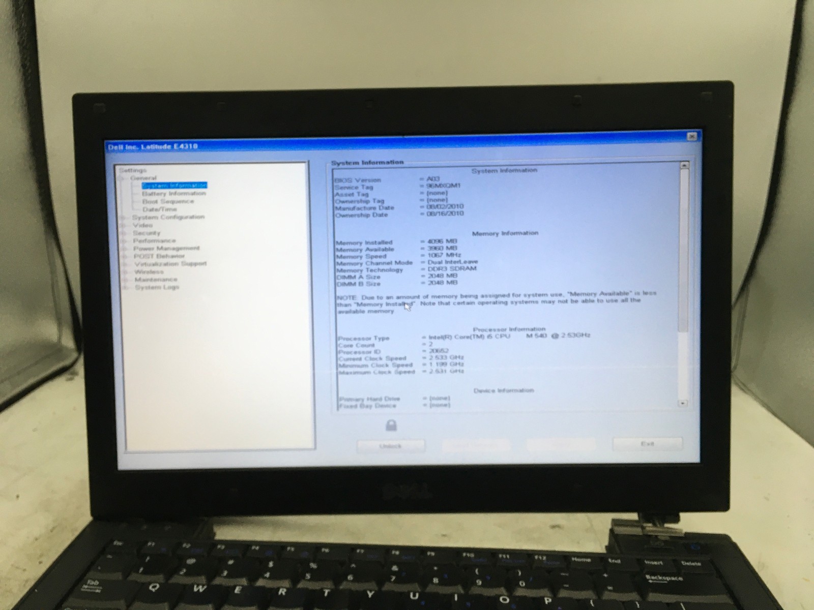 DELL LATITUDE E4310 – BOOTS TO BIOS LOCK – INTEL I6 – 4GB RAM – 13″ – READ – BB