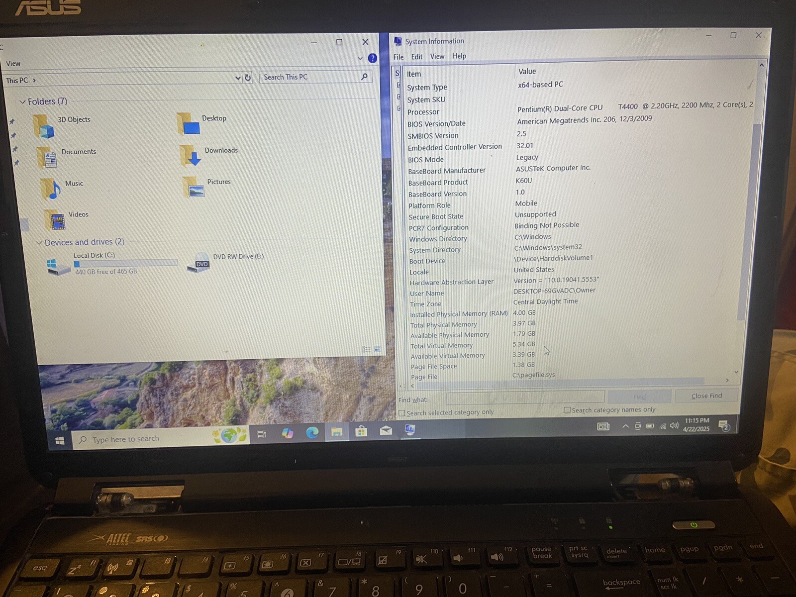 Asus K60I Notebook Bad Screen 500gb HDD 4GB Ram DualCore T4400 2.2GHz FOR PARTS!