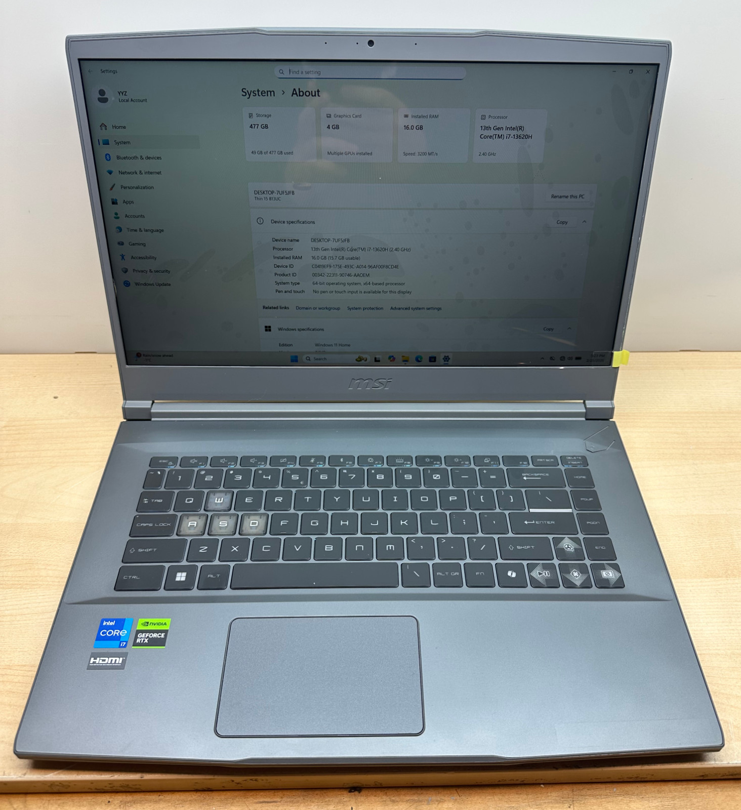MSI Thin 15 B13UC i7-13620H RTX 3050 16GB 512GB 15.6″ Gaming Laptop Win11