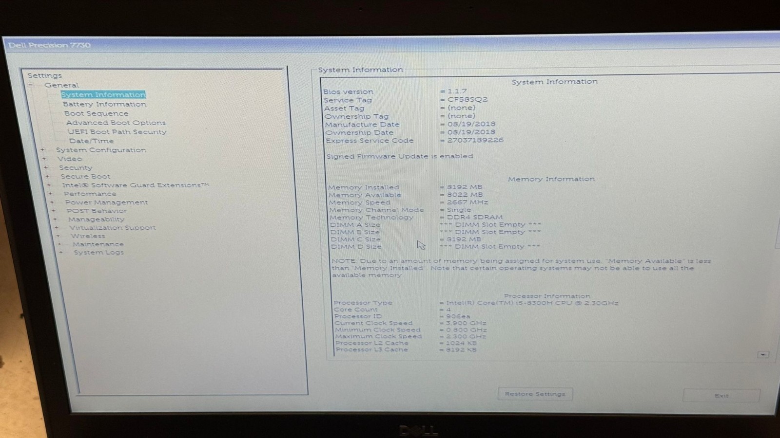 Lot of 9 Dell Precision 7730 17″ Laptop Core i5-8300H 8GB RAM NO SSD Boot Bios