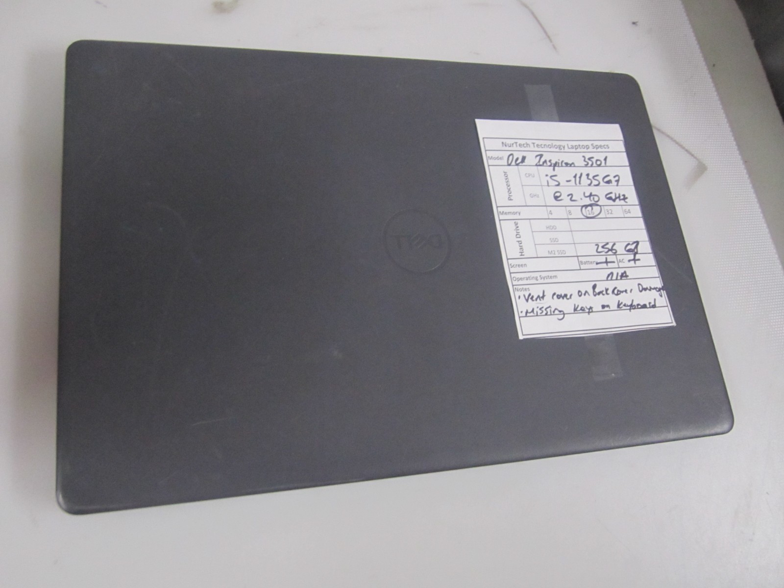 DELL INSPIRON 3501 i5-1135G7 2.40GHZ 16GB 256GB M2SSD NOOS LAPTOP + AC READ