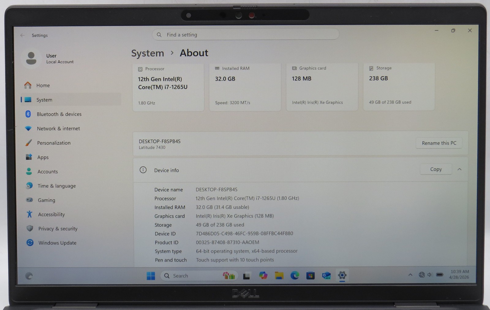 Dell Latitude 7430 touch i7-1265U @ 2.6GHz 32GB DDR4 256GB NVME Win11 Home