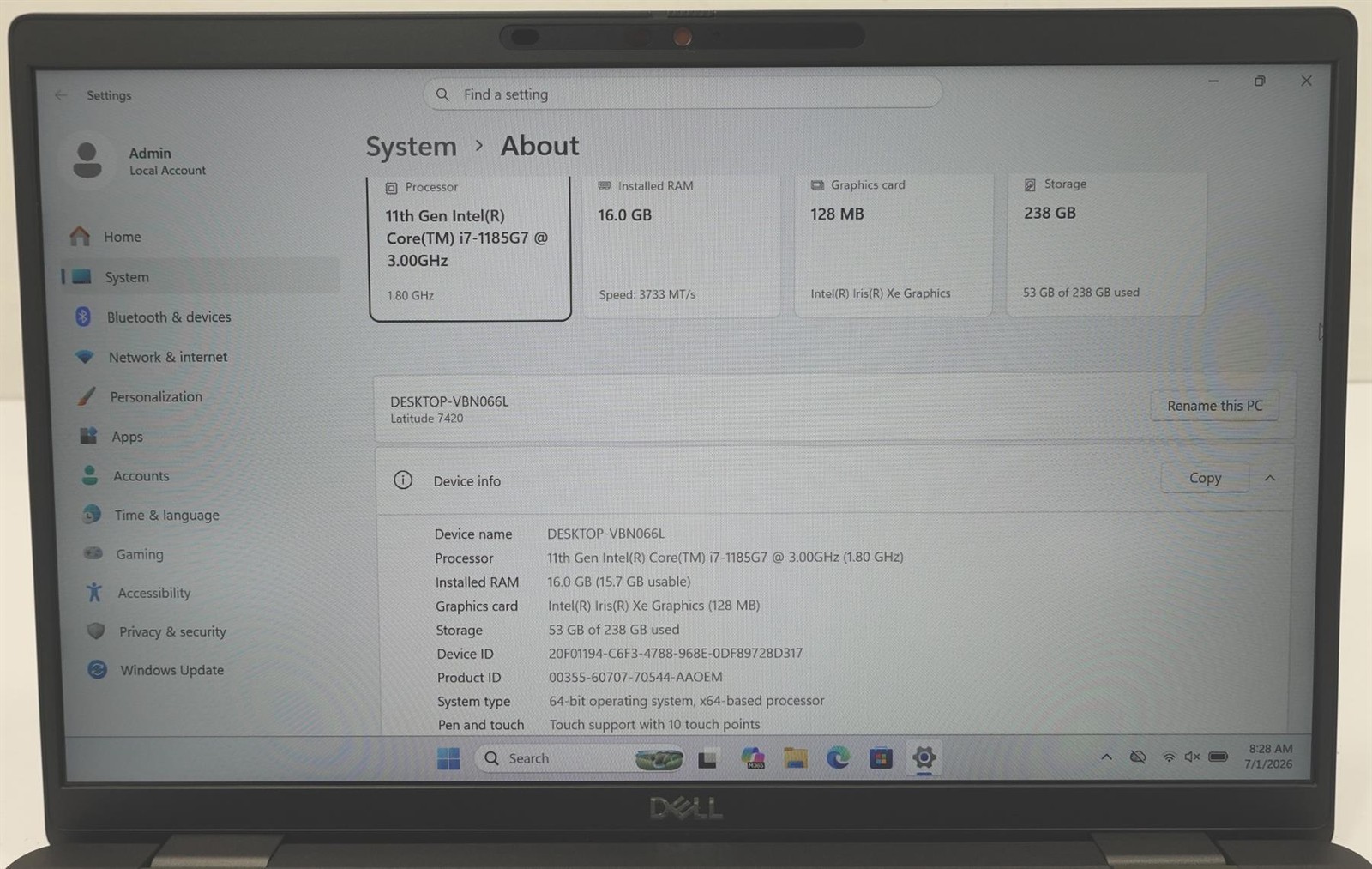 Dell Latitude 7420 14″ Core I7-1185G7 3.00GHz 16GB 256GB SSD Laptop