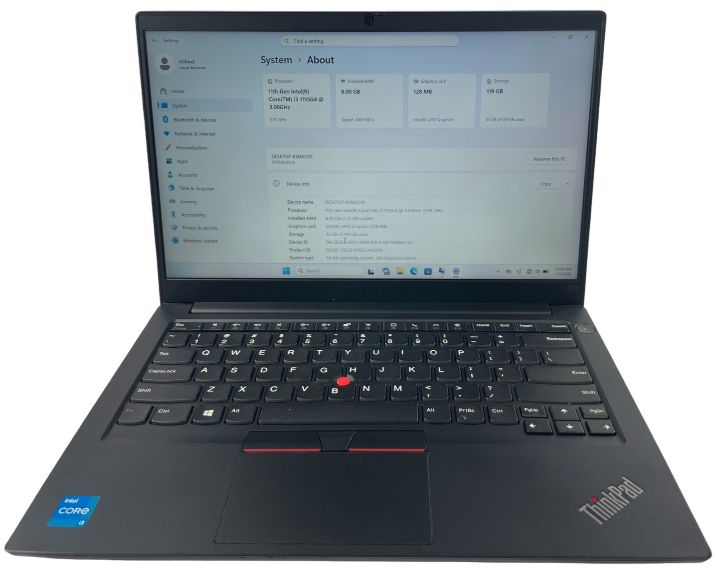 Lenovo Thinkpad E14 Gen 2 11th Gen Intel i3-1115G4 8GB RAM 128GB NVMe W. 11Pro