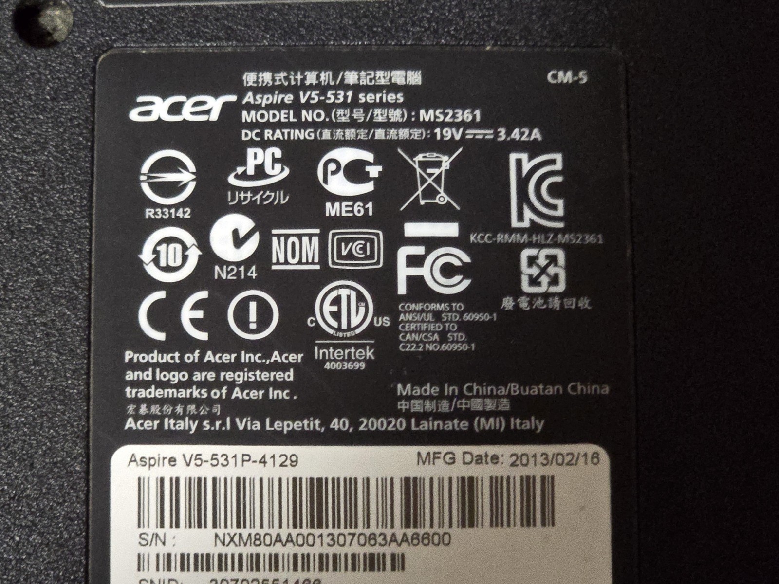 Acer Aspire V5-531 (MS2361) – Pentium 987, 2GB DDR3 RAM, 320GB HDD **FOR PARTS**