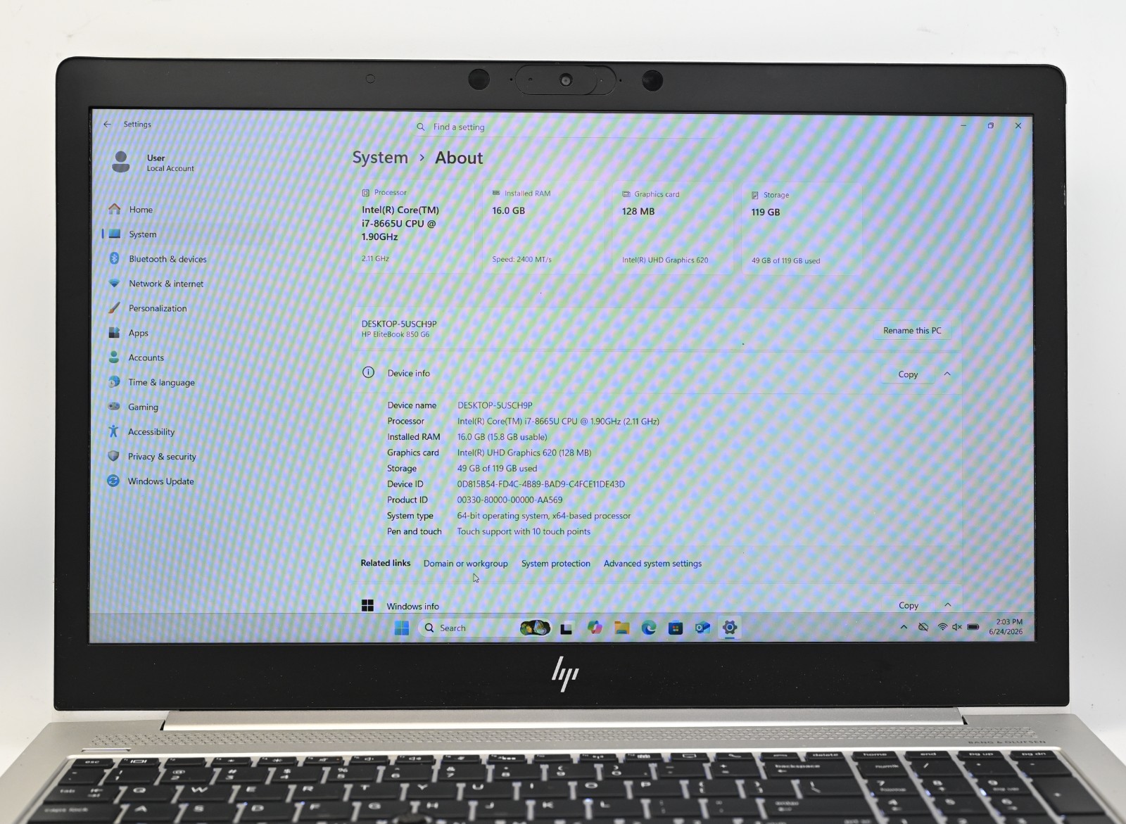HP EliteBook 850 G6 i7-8665u 1.9GHz 16 GB RAM 128 GB SSD – Windows 11 Pro