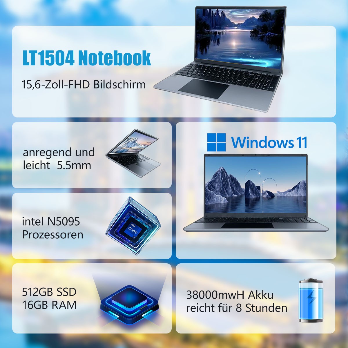 15.6″ Full HD Windows 11 Laptop – Intel N5095 Processors – 16GB Memory – 512GB