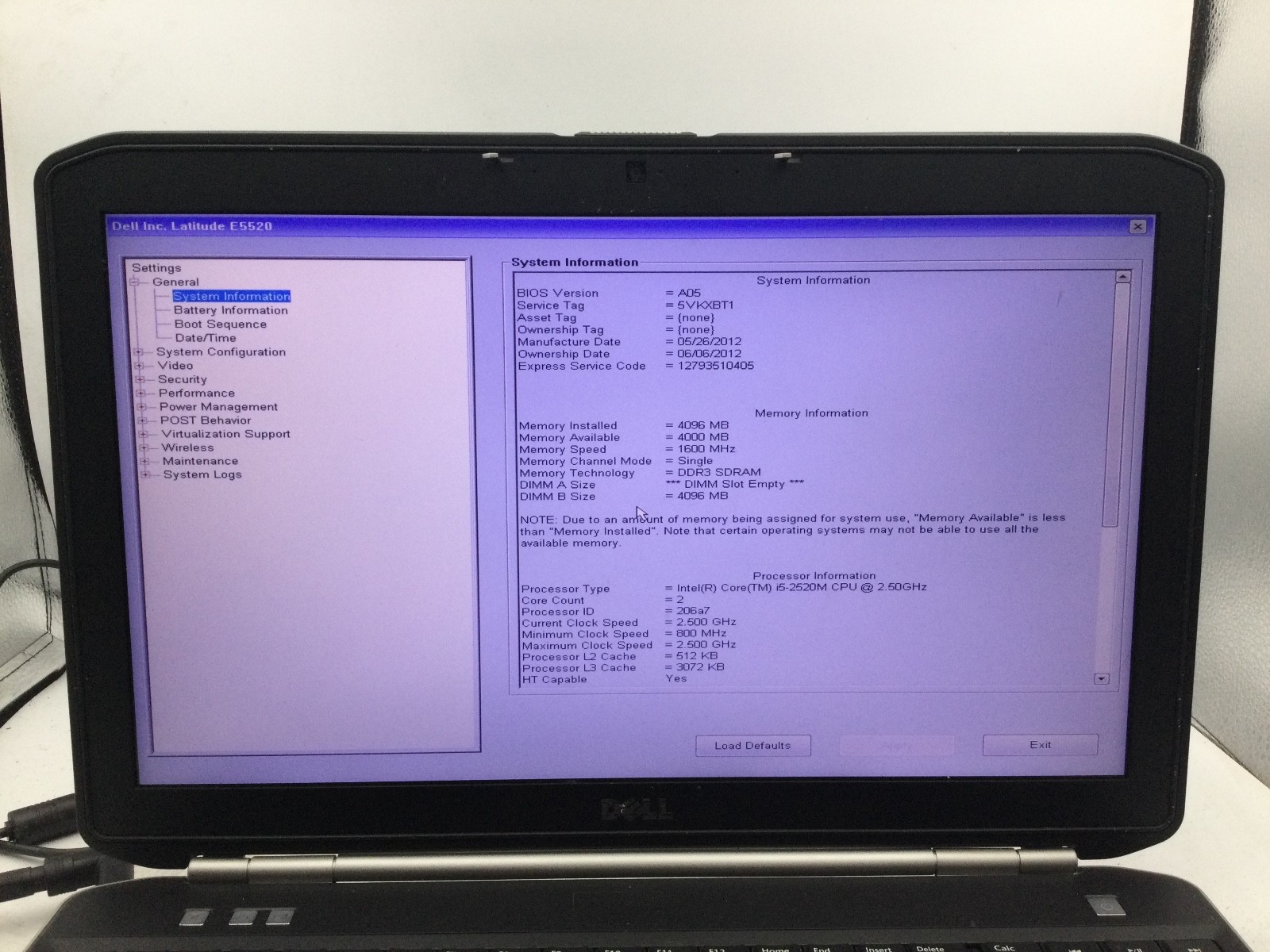 DELL LATITUDE E5520 – BOOTS TO BIOS – INTEL I5 2520 – NO RAM – 15″ – READ – BB!