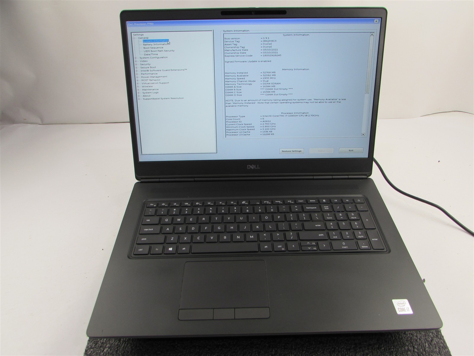 DELL PRECISION 7750 FHD CORE I7-10850H 1TB 32GB RAM RTX 4000 WIN 11 PRO NO BATT