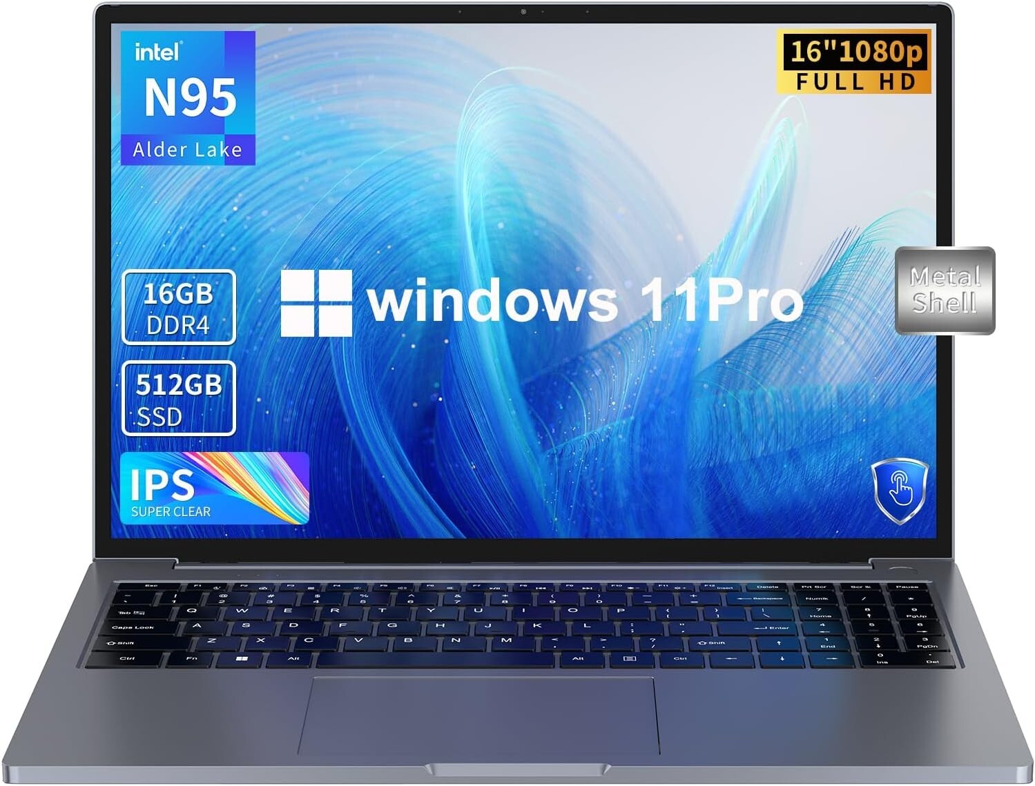 16 inch Laptop, 16GB DDR4 512GB SSD, Intel Quad-Core N95 Processor, up to 3.4Ghz