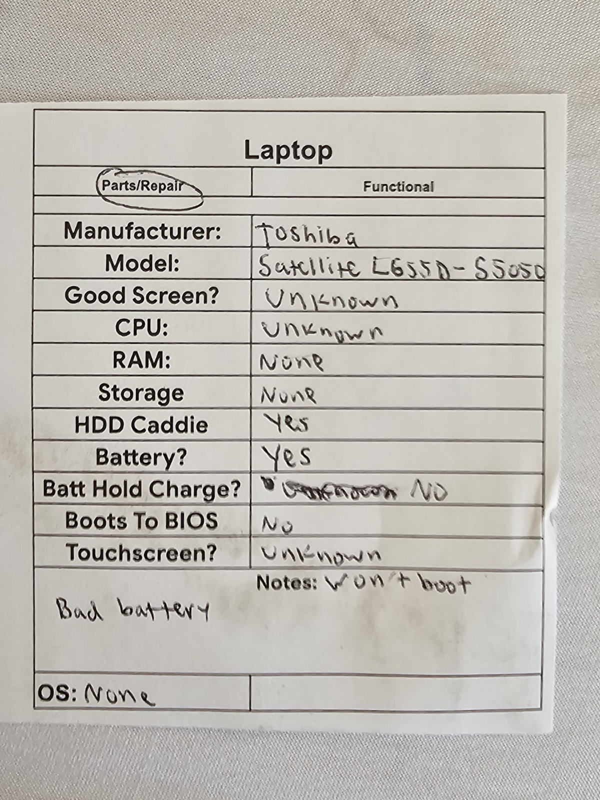 Toshiba Satellite L655D-S5050 Laptop – WON’T BOOT – BAD BATTERY – Parts/Repair
