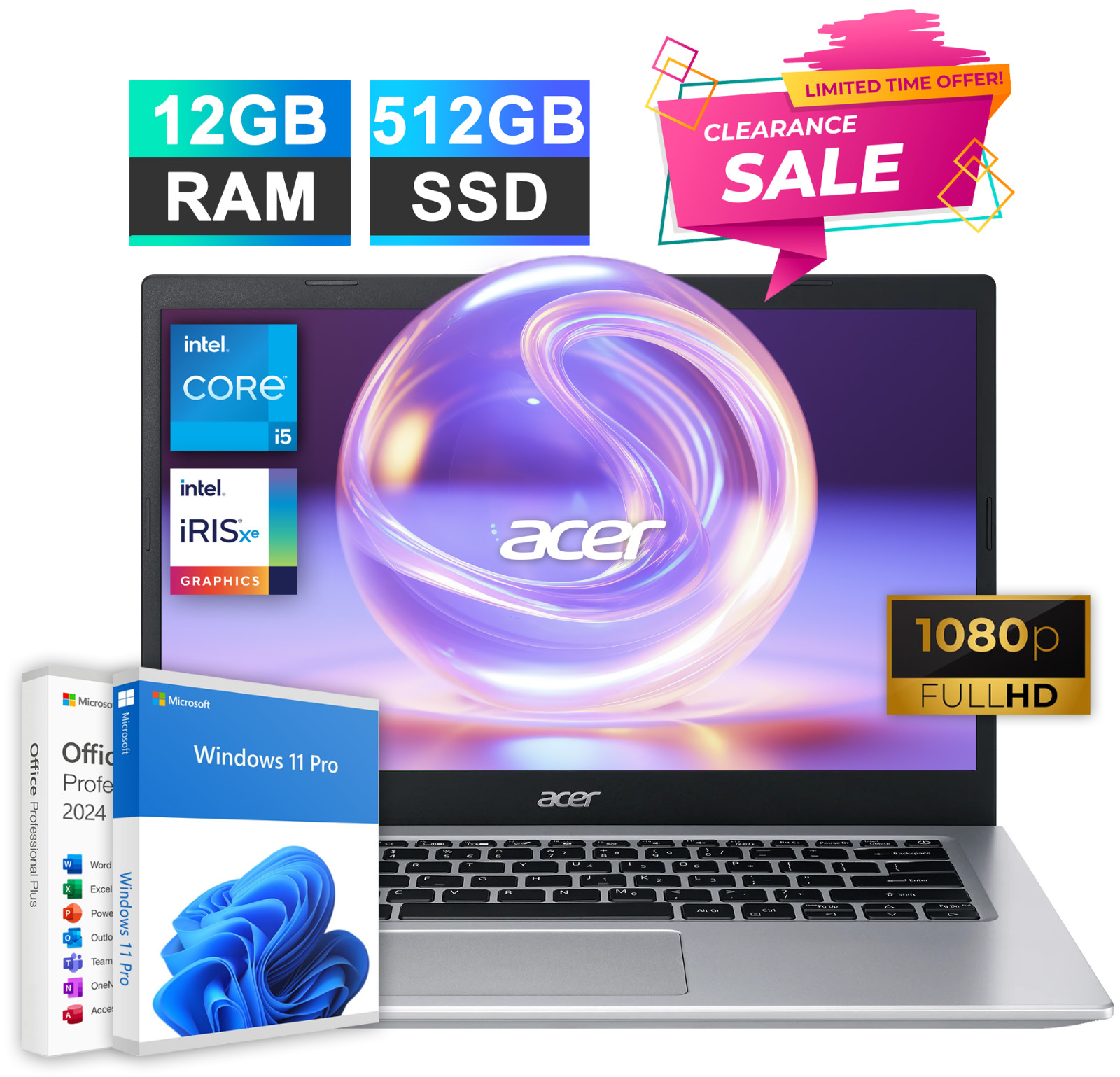 2025 Acer Aspire 5 14″ Laptop Quad-Core Intel i5 12GB RAM 512GB SSD Office 2024